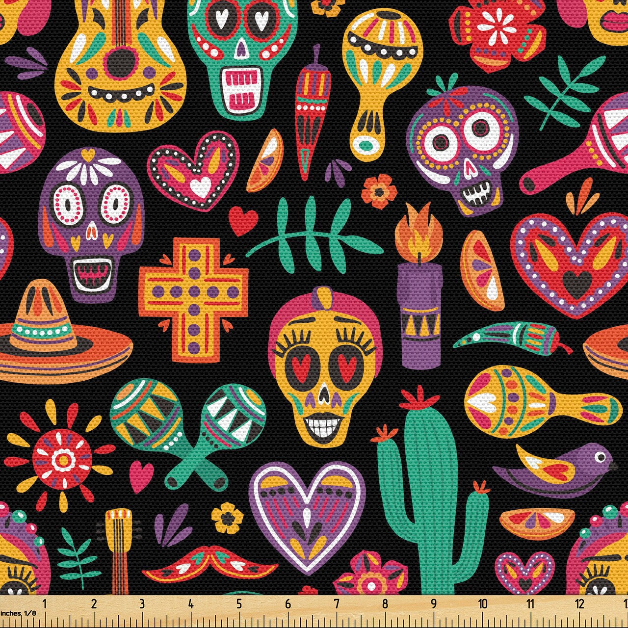 Ambesonne Day of the Dead Fabric by the Yard, Continuous Sugar Skull Flowers Pepper and Maracas Pattern, Decorative Fabric for Upholstery and Home Accents, 2 Yards, Charcoal Grey Multicolor